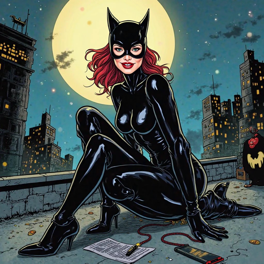 Кружевные тени Tori Black, Catwoman, heavy black eyeshadow, long black eyeliner, black outfit, incredible and fantastic face and eye mask, mouth not covered, sharp claws tear the sheets, posing on a sensual bed, ferocious facial expression, One candle, a dark room, there is no more light