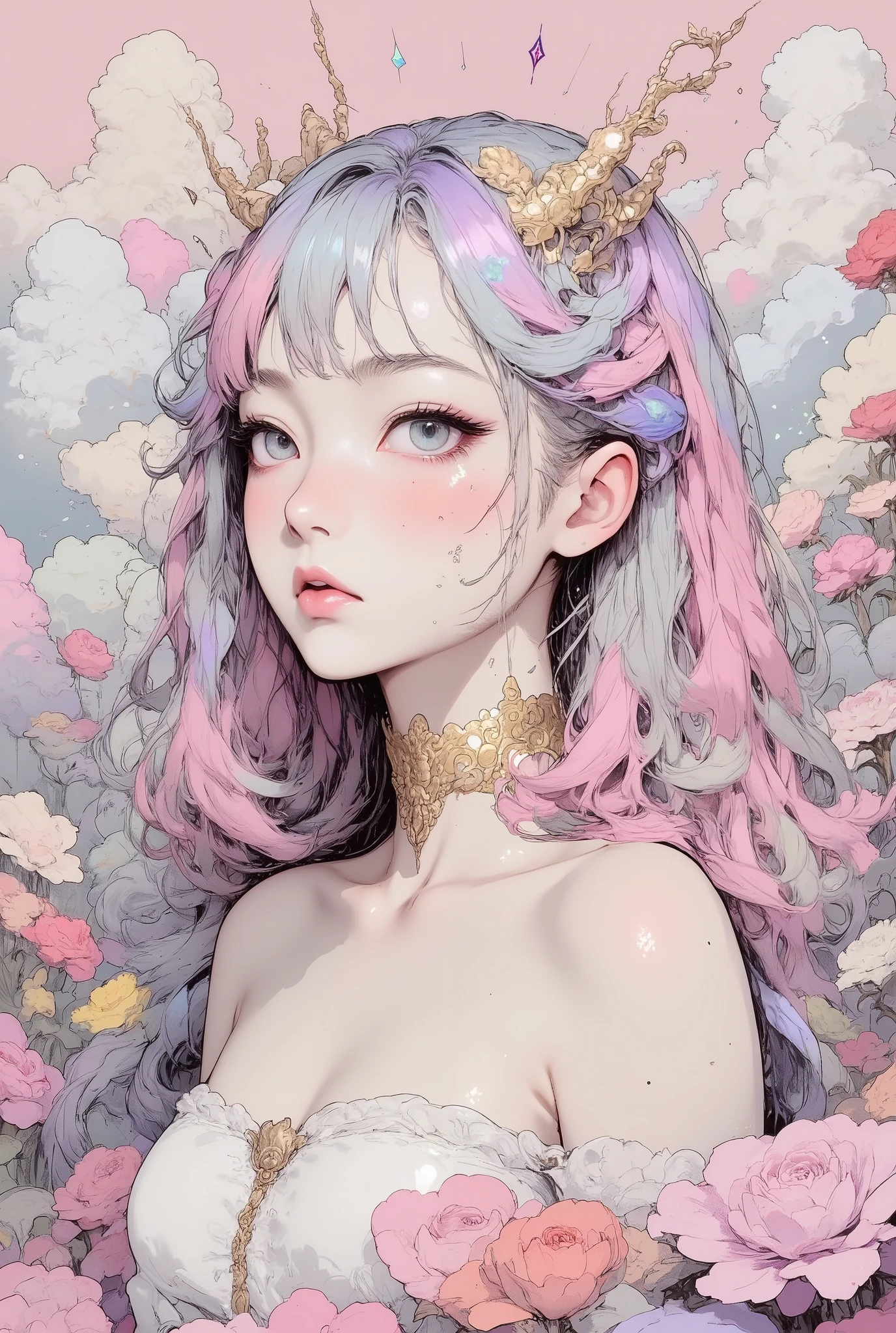 1 girl, detailed person, high resolution, 32K, realistic depiction, (masterpiece, highres, high resolution:1.2), (((pale yellow off-shoulder blouse))), (medium length hair), (((soft pink and soft silver hair of two colors equally on both sides))), choker, (earrings:0.1), necklace, japanese, (((blushing))), solo, smile, big lips, perfect body, Please open your mouth a little, ((five fingers)), (Anatomically correct), detailed scenes, unique visuals, clouds, and flowers, abstract, surreal Painted light, Pastel colours, Isolated subjects,innocent colours, Soft Lighting, detailed and intricate environment, A masterpiece, tracing effects, oil painting aesthetic, heavy brush strokes, mystical allure, Oil painting Impressionistic, Impressionistic. Beautiful details, stylized art aesthetic, Broken Glass effect, stunning, something that even doesn't exist, mythical being, energy, molecular, textures, iridescent and luminescent scales, breathtaking beauty, pure perfection, divine presence, unforgettable, impressive, breathtaking beauty, Volumetric light, auras, rays, vivid colors reflects, (white backgriound : 1.4), (((Macro))), close up shot : 1.8, profile, (((side view))), from side,