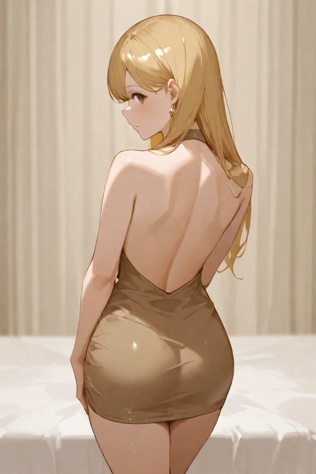 blonde girl in a sexy elegant black dress, medium chest, big butt