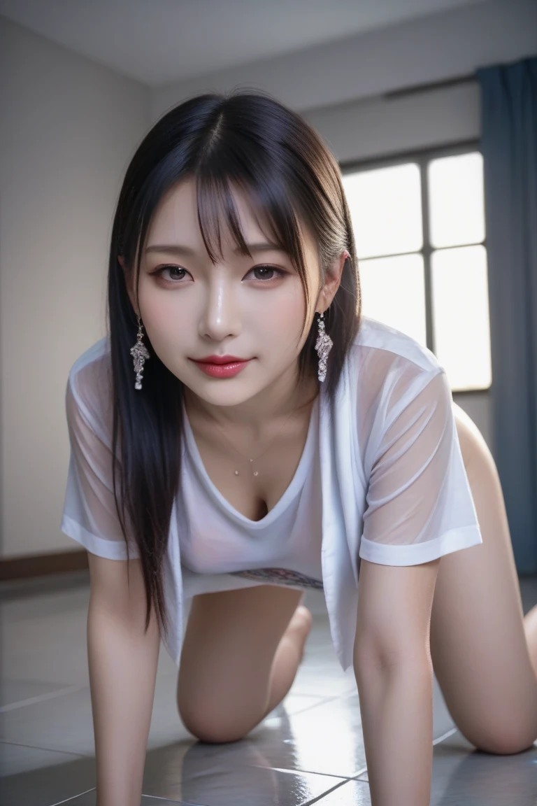 (Crawl on all fours on a futon in a Japanese-style room:1.7)(50 years old),(fair skin:1.7),(Oversized white costume 3 sizes larger than women's:1.7)、(The neck is open and the wet pure white kimono is visible.:1.7)、(Small breasts that are 3 sizes larger than the wet pure white woman's oversized white clothes can be seen through the gap where the chest hangs down and floats:1.3)、(sexy white outfit:1.3)、(Oversized white costume 3 sizes larger than women'sと貧乳その間空間:1.3)、(Tiny breasts with flickering cleavage:1.3)、(very small breasts:1.7)、(very small breasts見せ: 1.3)(smile full of happiness:1.3),(((Emphasize small breasts:1.3))),(dynamic angle),(((Dynamic and sexy forward leaning posture:1.7))),(( (wet and shiny skin)))、extremely small breasts、Clothes fluttering in the strong wind、chest slip、one girl、hairpin、necklace、earrings、look up from below、pointed red mouth、cheeks turn red、he sees who is logged in,(shiny white silver hair color,short hair),Tousled hair fluttering in the strong wind,look at the camera,(professional lighting),(8K,pieces fly、highest quality、Ultra high resolution output image、)、written boundary depth、beautiful hands、beautiful fingers、Detailed functions of fingers、Detailed characteristics of hair、detailed facial features、Detailed features of clothing、wet hair、wet body、wet costume、