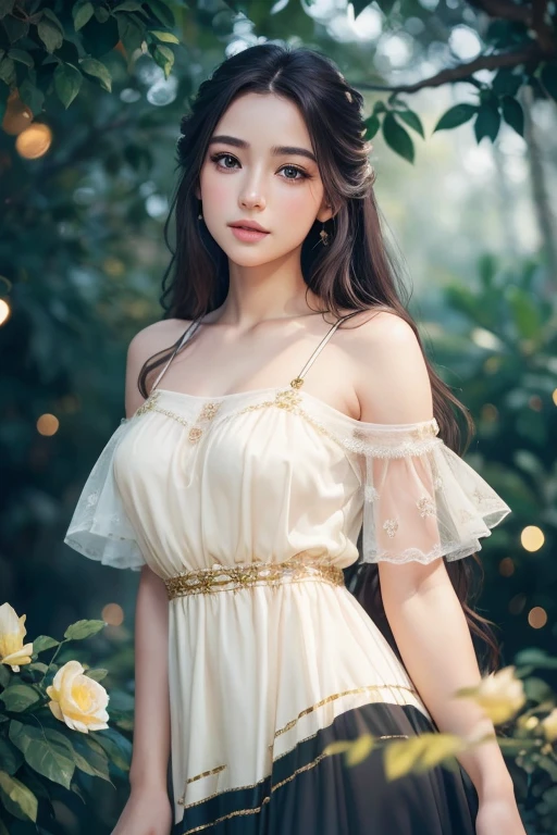 A lucky girl in a serene garden, (best quality,4k,8k,highres,masterpiece:1.2),ultra-detailed,(realistic,photorealistic,photo-realistic:1.37),beautiful detailed eyes,beautiful detailed lips,extremely detailed eyes and face,longeyelashes,long flowing hair,whimsical expression,holding a four-leaf clover,surrounded by lush greenery and blooming flowers,warm golden light,vibrant colors,cinematic lighting,fantasy landscape