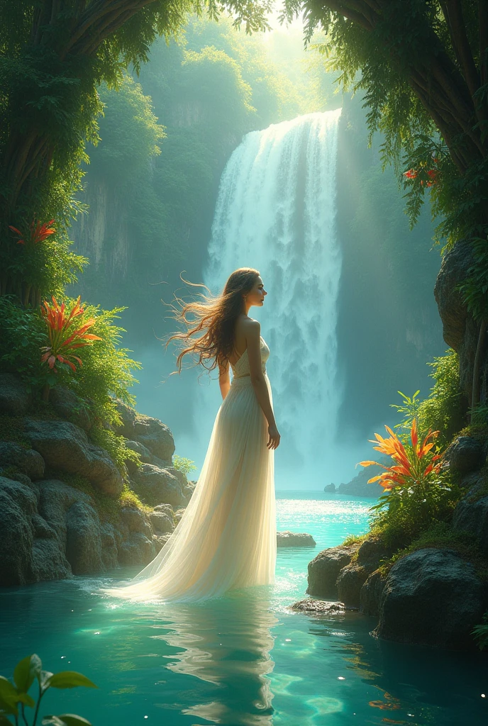 Description: Princess Ayla - dark hair stands at the base of the Enchanted Valley's waterfall, with her plush cat by her side. They both look up in awe at the sparkling waters and the rainbow forming in the mist.
Keywords: Princess, waterfall, Bumble, awe, rainbow, mist, enchanted.