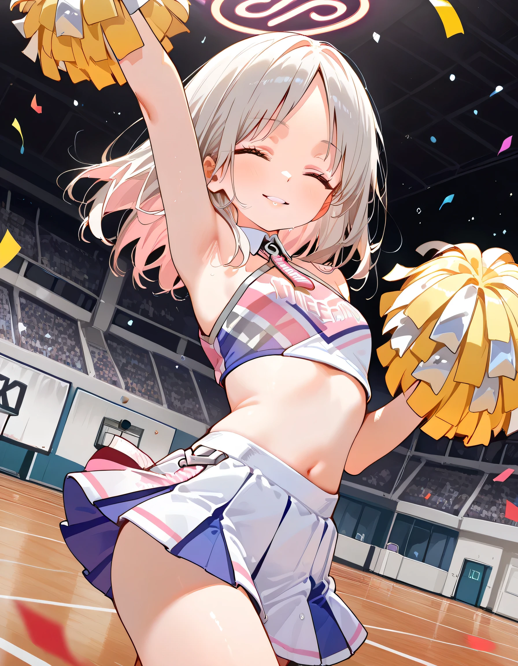 1girl, best quality, perfect hands, very long hair, white hair, white thighhighs, navel, bare arms, twintails, hair bow, very short skirt, cheerleader, cheergirl, blush, profuse sweating, wet, wet clothes, wet body, :d, closed eyes, armpits, happy, hand-cranked cheering flower, happy smile
