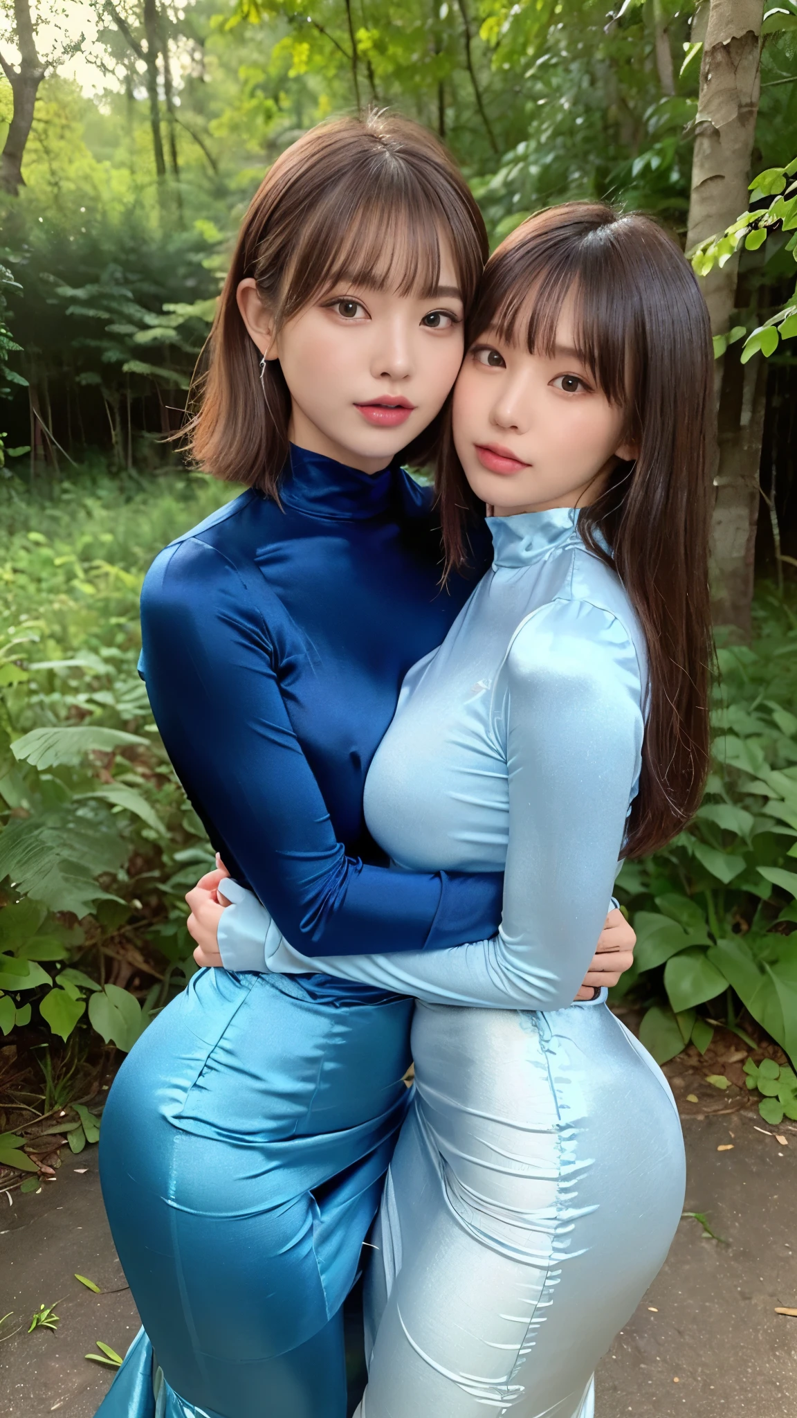 (top-quality)、 (masterpiece)、(profetional lighting)、 (Bewitching:1.2)、 (A hyper-realistic)、(Stylish), (intricate detailes)、 (perfect anatomia)、(Girl proudly standing in front of camera shows off her breasts、The other girl on the other side F is、Bend over and stick your butt out towards the camera), ( Huge breasts:1.2), ( Huge ass:1.2), (even, bright whitening skin without wrinkles and steps,:1.3), (Beautiful bright blue eyes with long eyelashes and red tear bags)、(shiny little lips)、 (Braided half-up hair shines with backlight), (The costume is wearing a white smooth full-body bodysuit:1.2), (Proudly showing off his crotch with his hands from the front:1.5), (Another girl on the other side、We will show off from directly behind to beautifully complement our proud super big ass、Bend over and expose her ass:1.2), (the face is chubby), (They are kissing face to face while touching bewitching:1.3), (detailed beautiful faces), (Shot in a garden full of flowers:1.2),
