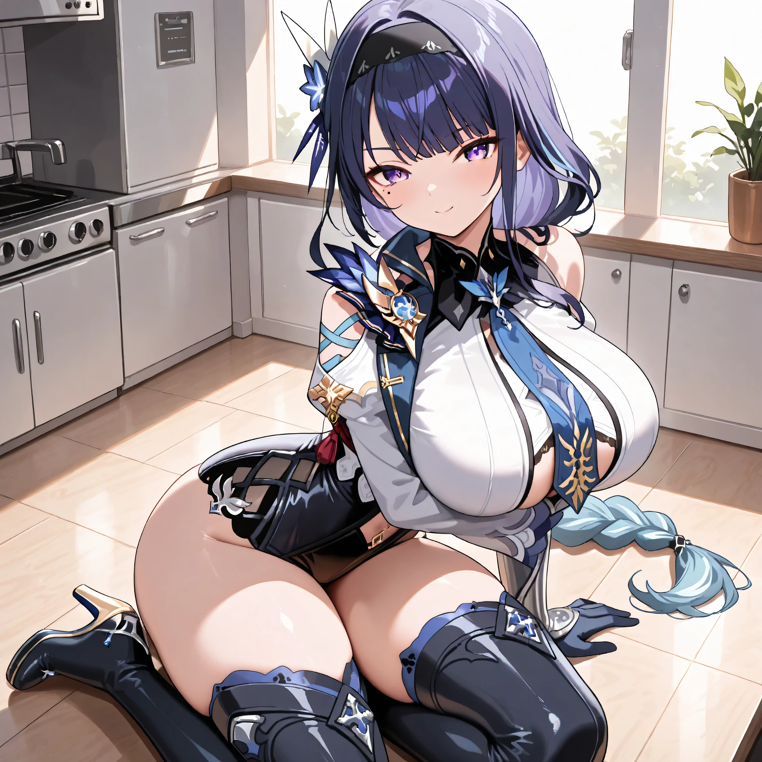 masterpiece, high quality, top quality, very aesthetic, absurd, raiden shogun, wearing eula costume, braid, braided ponytail, long hair, one mole, one mole under eye, purple eyes, purple hair, wears a black headband over her bangs with a four-pointed silver-white-blue hairpin on her left . outfit consists of a blue cape Hang on her right shoulder , a backless black leotard with white upper body , white sleeves , a blue tie , a pair of black gloves with blue palms , blue stockings thigh-high boots . Her leotard has a silver symbol of her clan on each hip , and the white cover at the top is attached under her breasts with a black belt . Her boots are silver accented with an additional strap , have silver heels with spurs and blue soles , beautiful purple eyes, long purple hair, very big breasts, serious face, sexy pose, solo woman, anatomical details, drawstring, beautiful purple eyes, purple hair, smile, sexy, indoor, best quality, good eye, solo woman, sit, at kitchen , look a viewer, plump thighs, perfect background, Oppai / Large breasts slim body, seductive pose, only one woman, perfect big thighs, side,4k resolution, eula costume