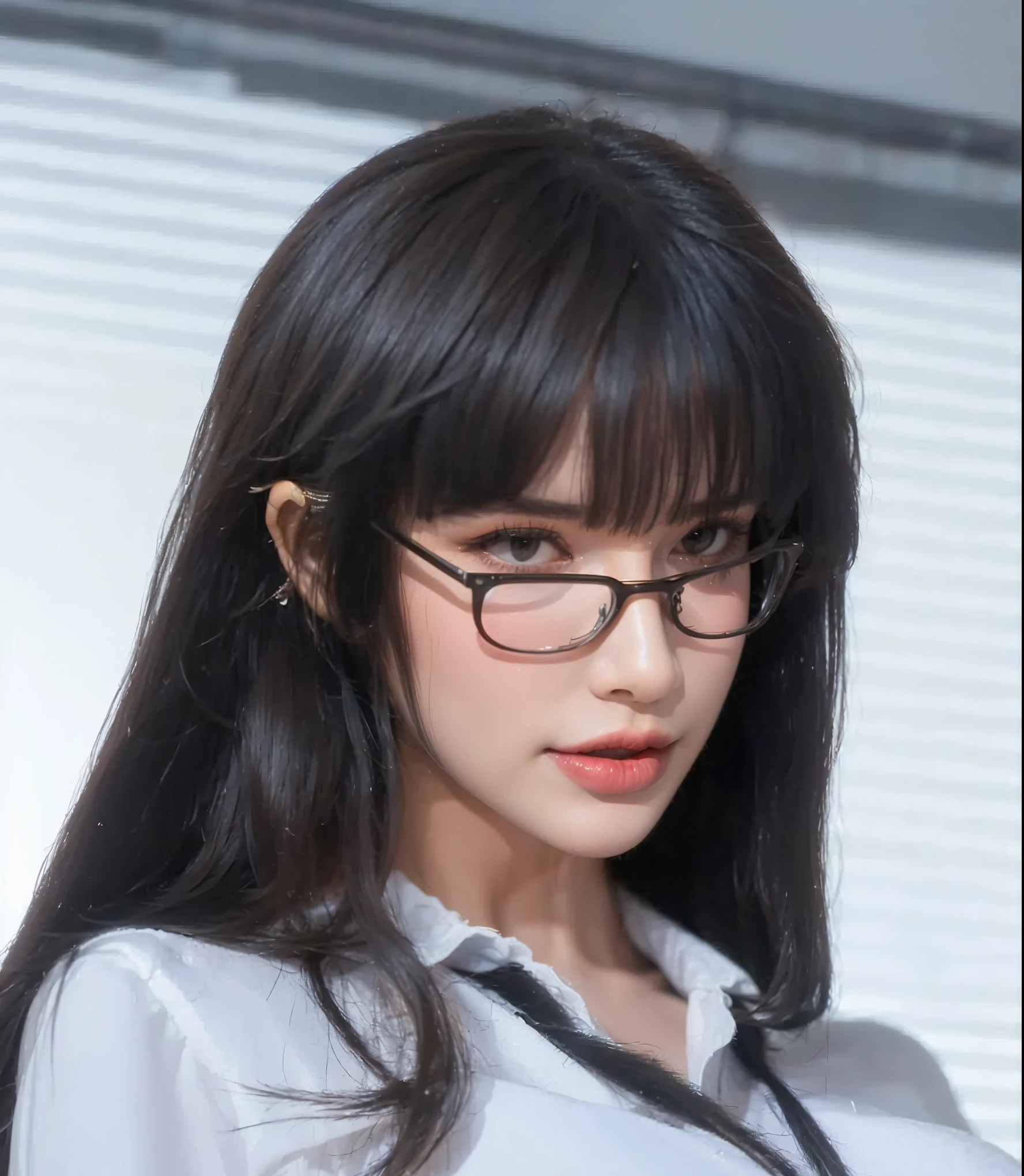 A 21-year-old girl,Shrug,(( squint )),(long black hair,Straight Hair)(white translucent white shirt business wear,The neckline is slightly untied, Black Hip-Covered Skirt ) Girl with flax-colored hair who looks up slightly at,looks at the camera,sexy lips,((with black-rimmed glasses)),super detailed, surrealism, Movie , Octane Rendering, 16K,free, and defines disco culture, long black hair,With bangs, long black hair,With bangs, Medium shot, Center image, super detailed, extreme facial details , Extreme details,((( in the office)))