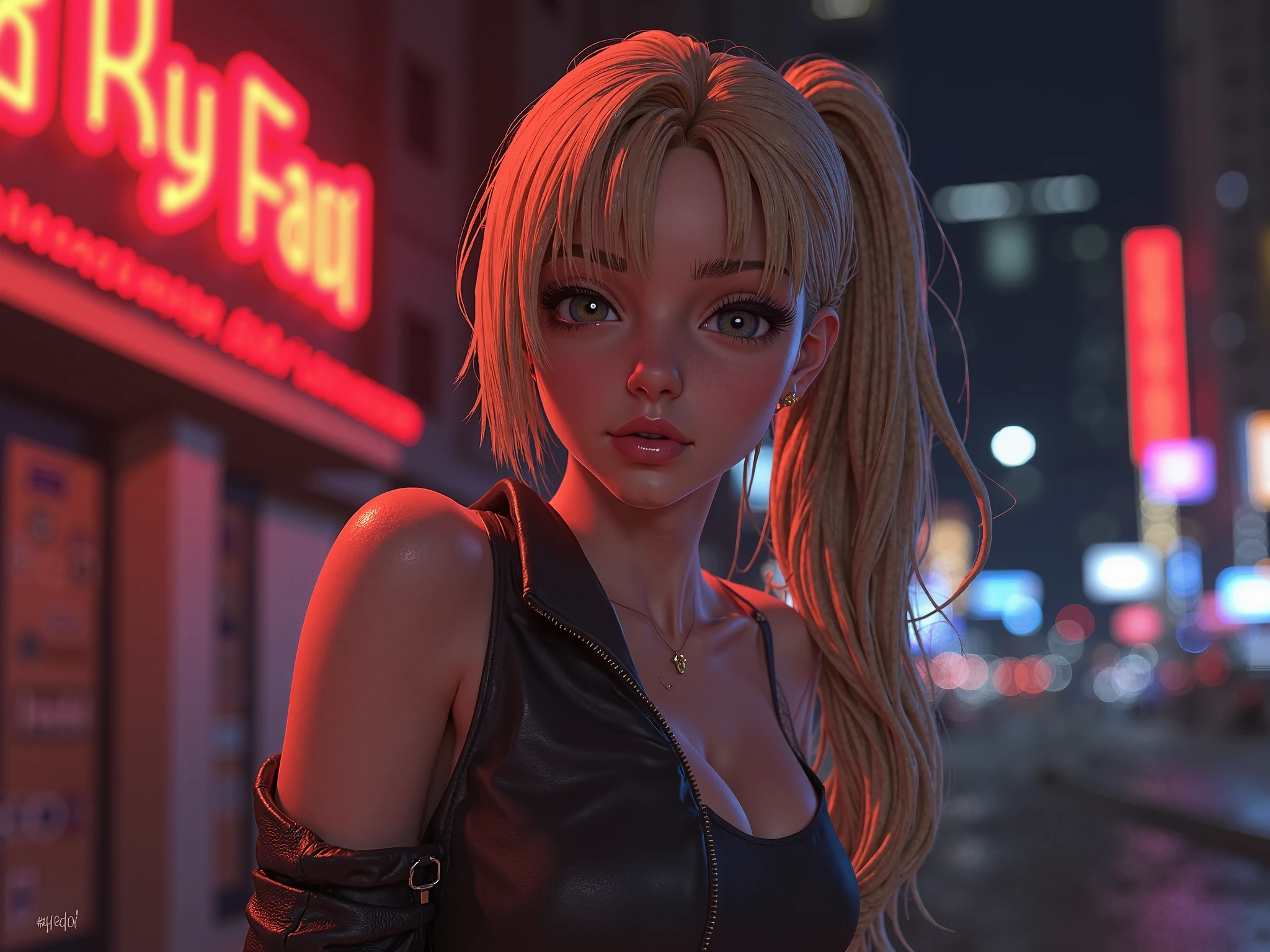 Original photo, (highest quality:1.3), High resolution, (masterpiece), (real:1.4), Professional photography, Sharp focus, High Dynamic Range, 8k resolution, Intricate details, Exquisite detail, Depth of written boundary, Highly detailed CG synthesis 8k wallpaper, masterpiece，Poster，highest quality，Official Art，（Beauty and aesthetics：1.2），（masterpiece：1.3），City of the Future，girl，Slender figure,Cleavage,Military jacket，White tank top，looking at the camera，（Mid-range lens：1.8），Volumetric Fog，rain，night，dramatic