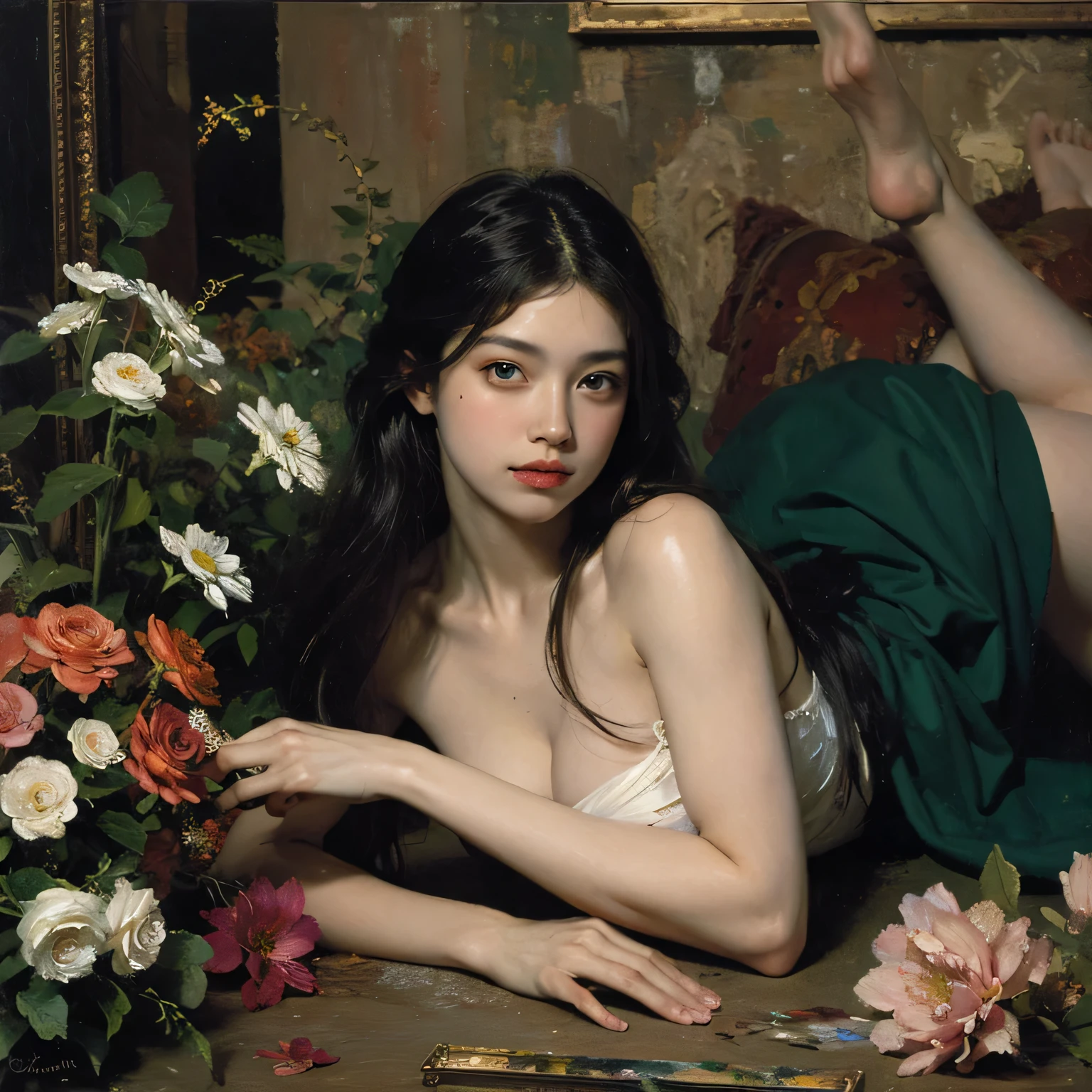 Detailed Background,Art Deco,Beautiful landscape painting,Botanical Art,Flower Art,(Floral:1.2), (masterpiece, Highest quality),Vibrant colors,colorful, Highest quality, Amazing details, Anatomically correct, Line art, Written boundary depth,Flat Shading,Bokeh, woman、、Black Hair、 whole body、 Sit with your legs apart:1.5、sexy、Passionate、Stretch your legs、(Thighs)、(Small breasts)、Slim style、(barefoot)、 Mucha style、Ukiyo-e style、Looking up at the camera、Browsing Caution,pink short skirt, white top
