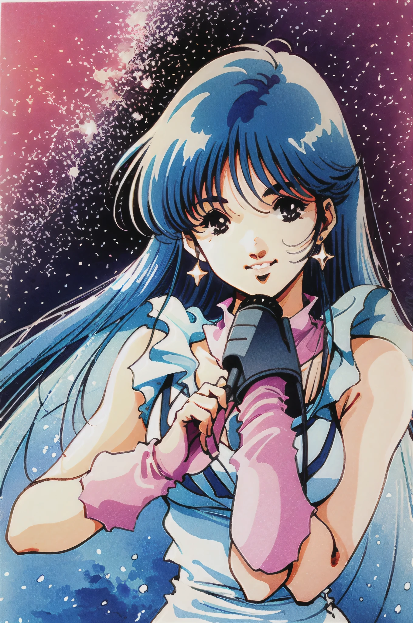1girl, solo, long hair, blue hair, microphone, gloves, jewelry, earrings, anime coloring,masterpiece,detailed skin,shiny skin,beautiful things,3d,holding, space, black eyes, looking at viewer, holding microphone, smile, pink gloves, star (sky), very long hair, watercolor \(medium\),haruhiko Mikimoto style,Lynn minmei ,