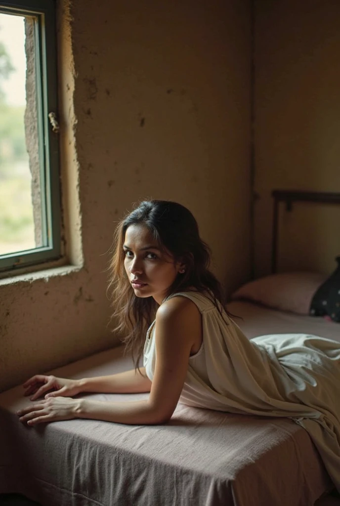A 30-year-old woman lies on her stomach on a bed in a modest rural ...