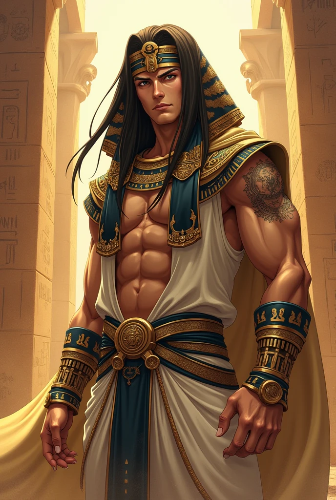 Powerful warrior, chest bared, lower body uncovered from thighs to feet, luxuriant long curls, meticulous muscle definition, photorealistic rendering, 4K resolution. Background: Ancient Egyptian temple complex,32k uhd, best quality, masterpiece, super detail, high details