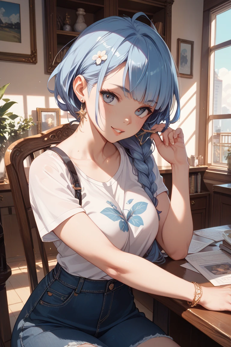 Masterpiece, top quality, 8k, super detailed, "Illustrate a super detailed, 8k resolution Masterpiece in anime style of one beautiful girl with vibrant blue short hair, wearing casual attire, holding a digital tablet and pen in a modern atelier adorned with various artworks. The background should reflect a creative and inspiring setting, focusing on the girl's engagement with her digital canvas, rendered to exhibit top quality and intricate details of her artistic environment."