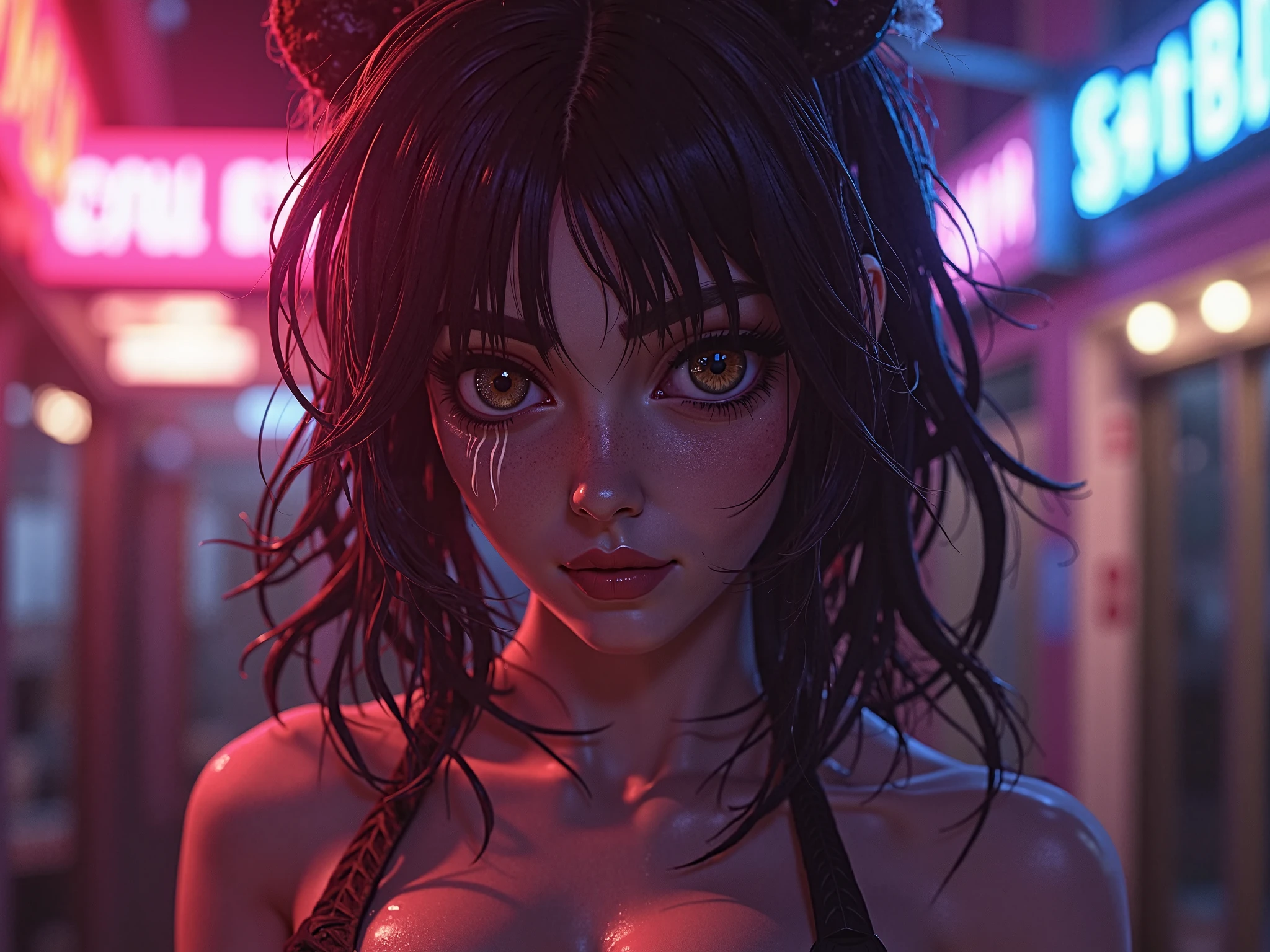 An exquisite masterpiece of top quality and high resolution featuring Marnie. Big sleepy eyes, Aqua eyes、Glowing under the dim light. black hair, much hair, messy hair, only head and shoulders, magazine style, pink top, hyperrealistic.