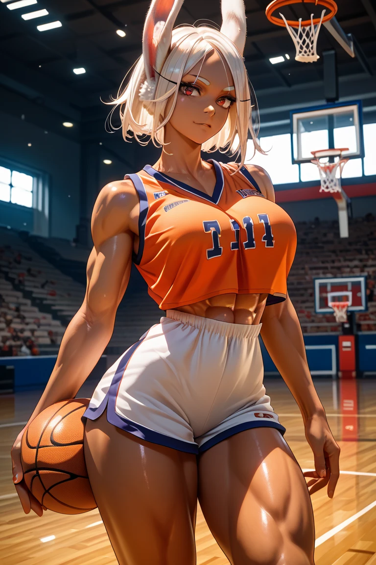 1girl, solo, (masterpiece), ((bunny ears furry)), white sneakers, spacejam, action movie scene, dust debris, realistic, high detail beautiful face,cinematic lighting,dark nighttime, fit body abs, big thighs, high detailed eyes,(huge breasts, erect nipples covered jutting out protruding through seethrough shirt), (( taut_shirt, covered, braless)), basketball, nobra, action pose running fast through mud, (sweat, particle effect), lola bunny<lora:lolaBunnyLora_v1:0.8>
