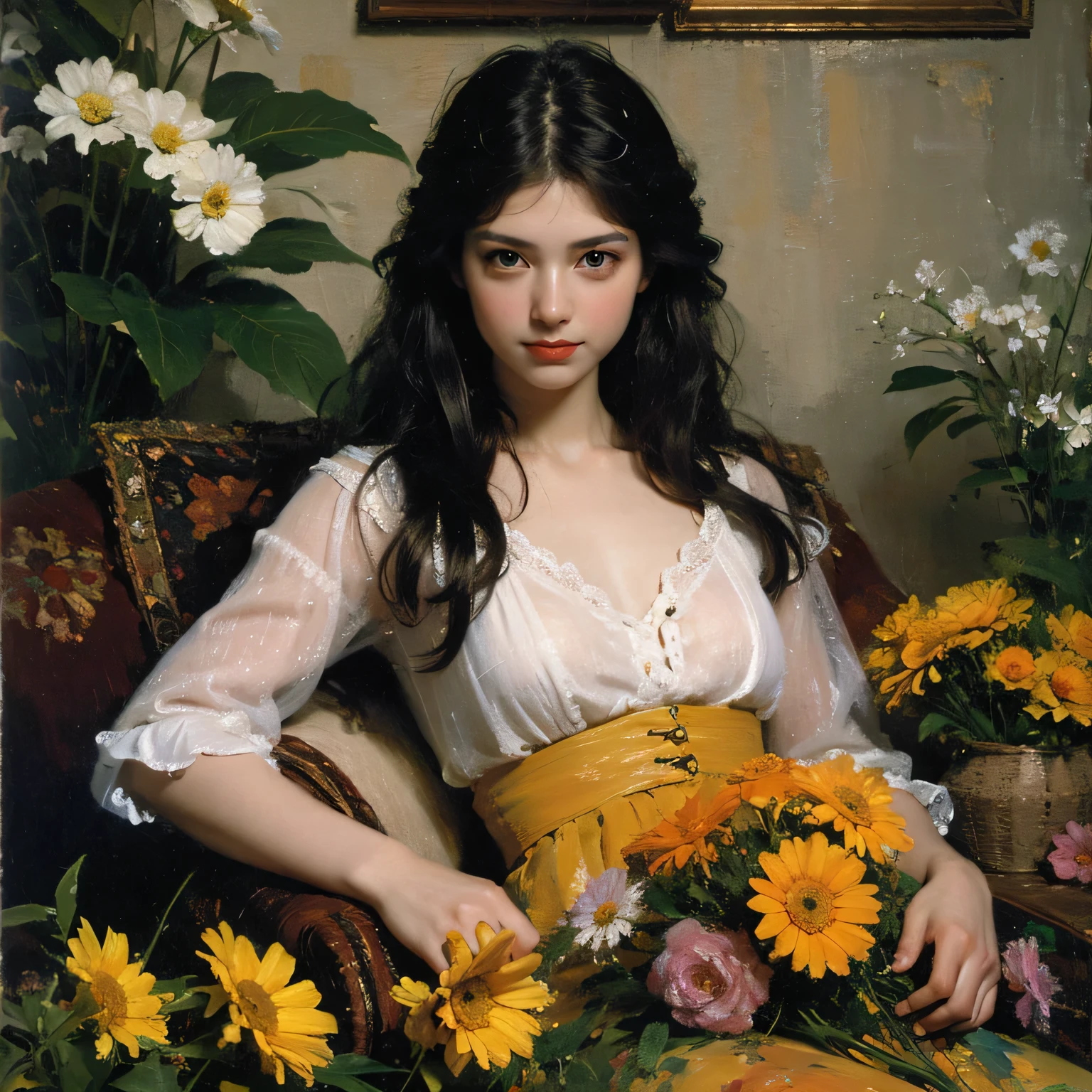 (masterpiece, top quality, best quality, official art, beautiful and aesthetic:1.2), (1girl), extreme detailed,(fractal art:1.3),colorful,highest detailed chiaroscuro technique on painting of a woman holding a bouquet of sunflowers in front of a golden background, hyperrealistic art nouveau, chie yoshii, andrey remnev, by Yamagata Hiro, mucha klimt and tom bagshaw, inspired by J. C. Leyendecker, inspired by J.C. Leyendecker, inspired by James C. Christensen, money everywhere, very rich and elegant