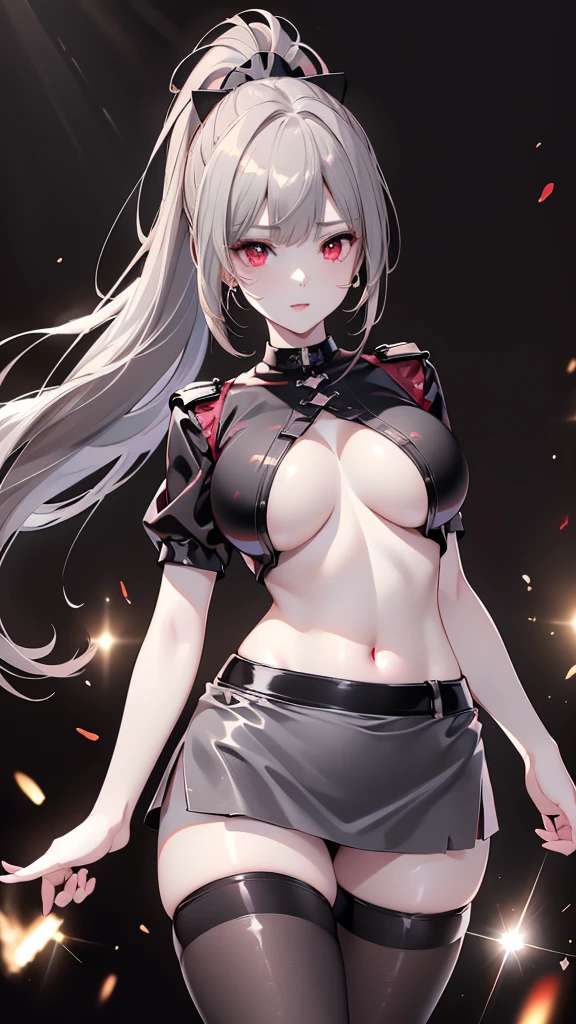 open mouth, huge breasts, looking at the audience, white hair,,long hair,black horn,red multicolored hair,yellow eyes,,slim,　,cowboy shot,,blush,bright　screen,smile,bare shoulder,cheerleader, skirt,cleavage,standing,wet clothes,,navel,skirt,embarrassed,orgasm,ahegao,open arms,cowboy shot,sweat,pom pom,pantie