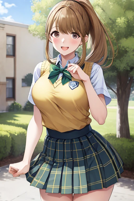 masterpiece, Best Quality, high resolution, ,golden hair、ponytail、 long hair, bungs, uniform,  green bowtie , white shirt, sweater vest, yellow vest, Short sleeve,  plaid skirt, green skirt, pleated skirt, standing, cowboy shot, Outdoors, waves, smile, open your mouth,red scrunchies on the wrist、Big Breasts、cover、standing on one leg