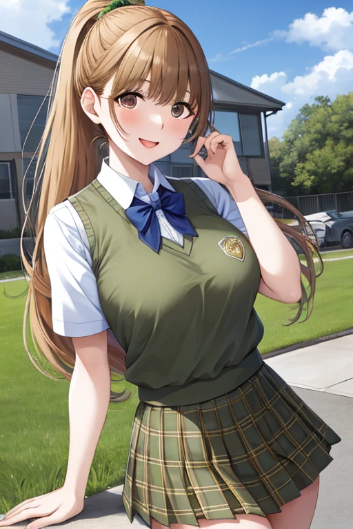 masterpiece, Best Quality, high resolution, ,golden hair、ponytail、 long hair, bungs, uniform,  green bowtie , white shirt, sweater vest, yellow vest, Short sleeve,  plaid skirt, green skirt, pleated skirt, standing, cowboy shot, Outdoors, waves, smile, open your mouth,red scrunchies on the wrist、Big Breasts、cover、standing on one leg