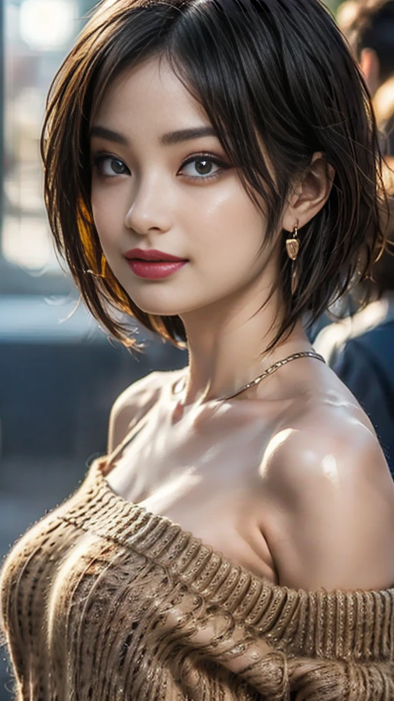 ((Highest quality, 8K, masterpiece :1.3)), (Sharp focus :1.2, Beautiful woman with perfect figure :1.4, Slim Abs :1.2), ((Big Breasts, Emphasize cleavage:1.3)), (Photorealistic:1.4), (realistic:1.4), (Short Bob Hair, Light brown hair:1.5), Highly detailed face and skin texture, Fine grain, double eyelid. Makeup face, A little bit of lipstick, necklace, Earrings, sex appeal, Sexy gravure pose, ((Beautiful woman in a purple dress、Museum Background、Posing with a smile、アートなEarrings、Tracing your chest with your fingers。:1.3)