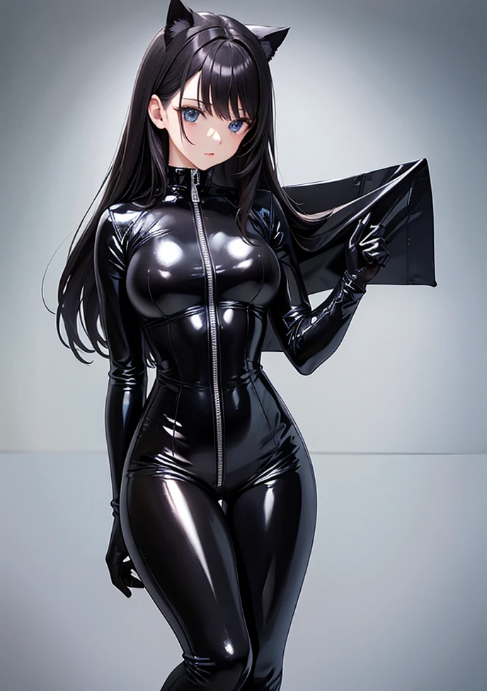 Asian Girls, Anime, Black Leather Pants, Satin Jacket with latex shirt, Long Hair with bangs, Zen Garden, with leather Gloves, Asian, Smile, Friendly, Happy, wet tongue out, low breast. 