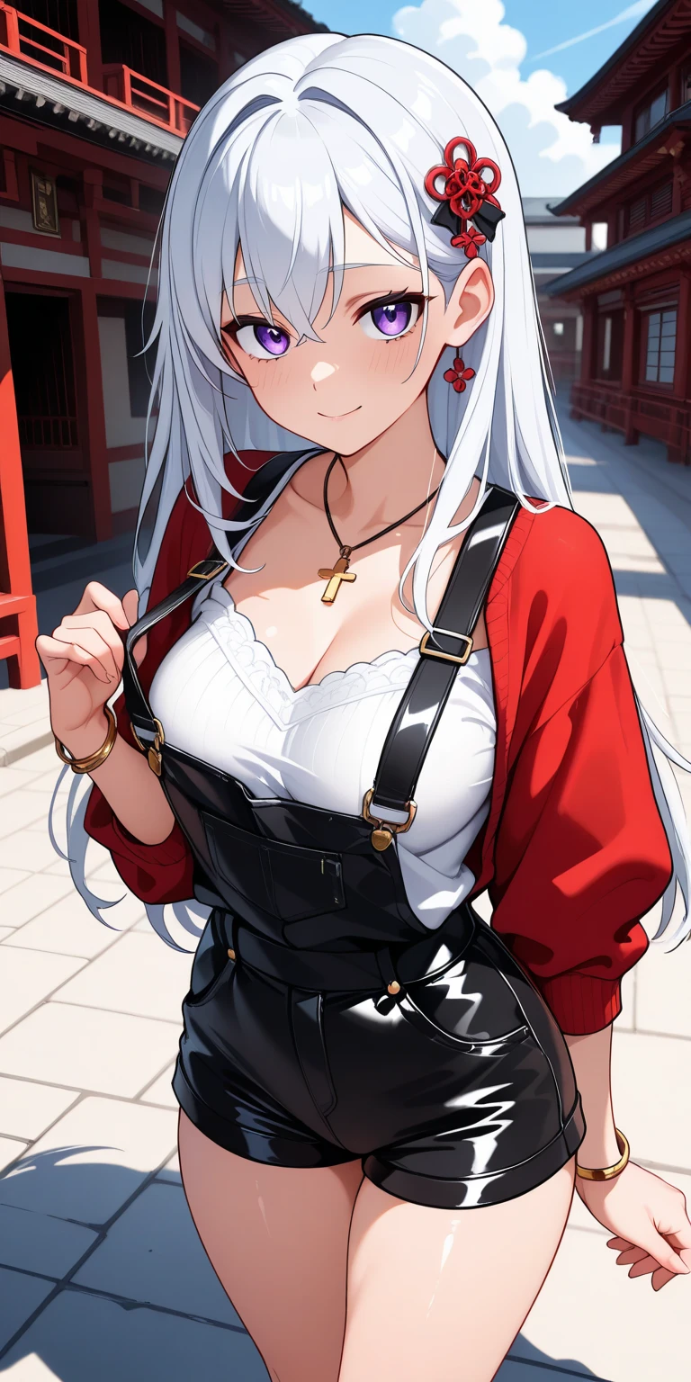 (masterpiece), best quality, AliceKV4, 1girl, solo, looking at viewer, smile, outdoors, bra, red eyes, ultra-detailed eyes, white hair, short hair, bra, (upper body), sleeveless.