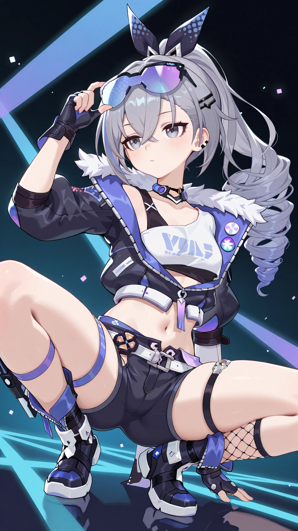 Browsing Caution,masterpiece,Highest quality,High resolution,Very detailed, Cowboy Shot, One girl, silver wolf\(Collapse Star Rail\), Grey Eyes, Grey Hair, Long Hair, ponytail, hair ornaments, Wear blue lens sunglasses on your head, cardigan, camisole, Panty Straps, Thigh straps, Strap slip, (Cleavage:0.7), Bare shoulders, skirt, choker, No underwear, Embarrassing, Heavy breathing, Close your mouth, blush, Shiny skin, View your viewers, Silky skin, Rub your thighs together, Love juice drips from the crotch, Inner thighs, skirtをたくし上げる, Showing pussy, From below, Peek into
