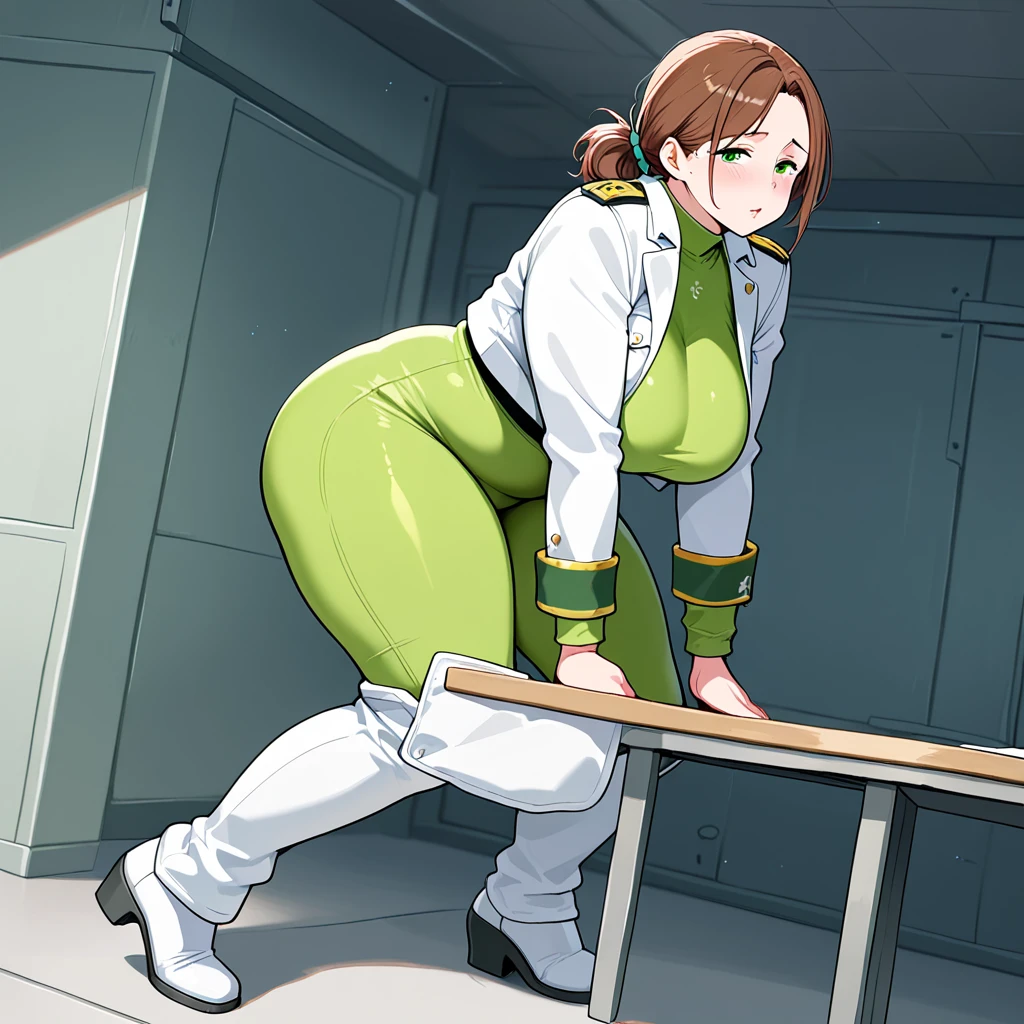 score_9, score_8_up, source_anime Bibl3, cute girl squats on desk, busty, hypnotized, mesmerized, glowing pupils, jenny (pokemon), green hair, huge breasts, police uniform, belt, pencil skirt, short skirt, white gloves, high heels, huge breasts, heavy breasts, breast expansion, full lips, vivid lips, wide hips, thick thighs, viewed from front, office desk, soft smile, innocent expression, raised eyebrows, wet pussy, detailed pussy, swollen pussy, pussy focus, looking straight ahead, raised eyebrows, detailed eyes, detailed face, pretty girl, squatting on desk, legs wide open, legs wide apart, saluting, blank stare.