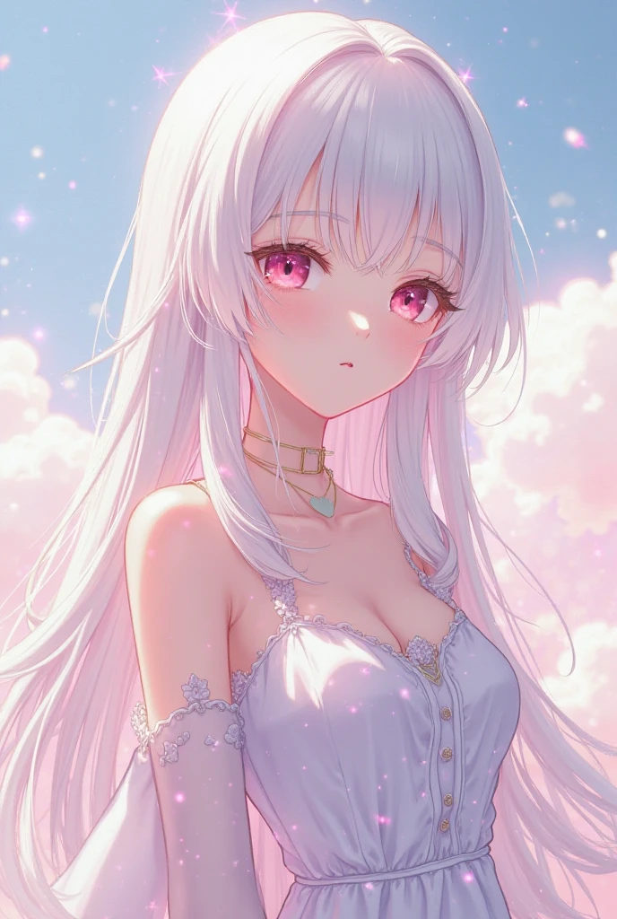 (best quality,ultra-detailed,realistic:1.37), vibrant colors, anime, portraits, white hair, fair skin, flat chest, cute, beautiful smile, angelic face, pink blush, big expressive eyes,long eyelashes, delicate eyebrows, rosy lips, innocent look, flowing dress, elegant pose, soft lighting, cherry blossom background, gentle breeze
