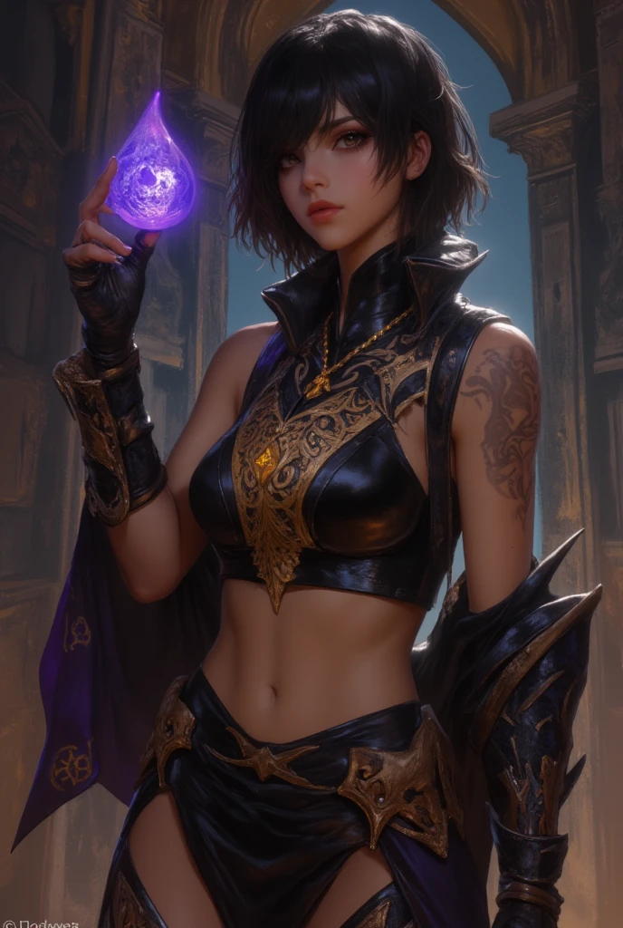 (masterpiece, best quality) realistic version of
MorriganDA,  face of (Kate Beckinsale:Evangeline Lilly) 1girl, solo,, looking at viewer, short hair, black hair, gloves, jewelry, yellow eyes, small breasts, fingerless gloves, necklace, hair bun, nail polish, bracelet, lips, fingernails, makeup, glowing, single hair bun, feathers, lipstick, staff, pale skin, black nails, armlet, long fingernails, realistic, nose, magic

