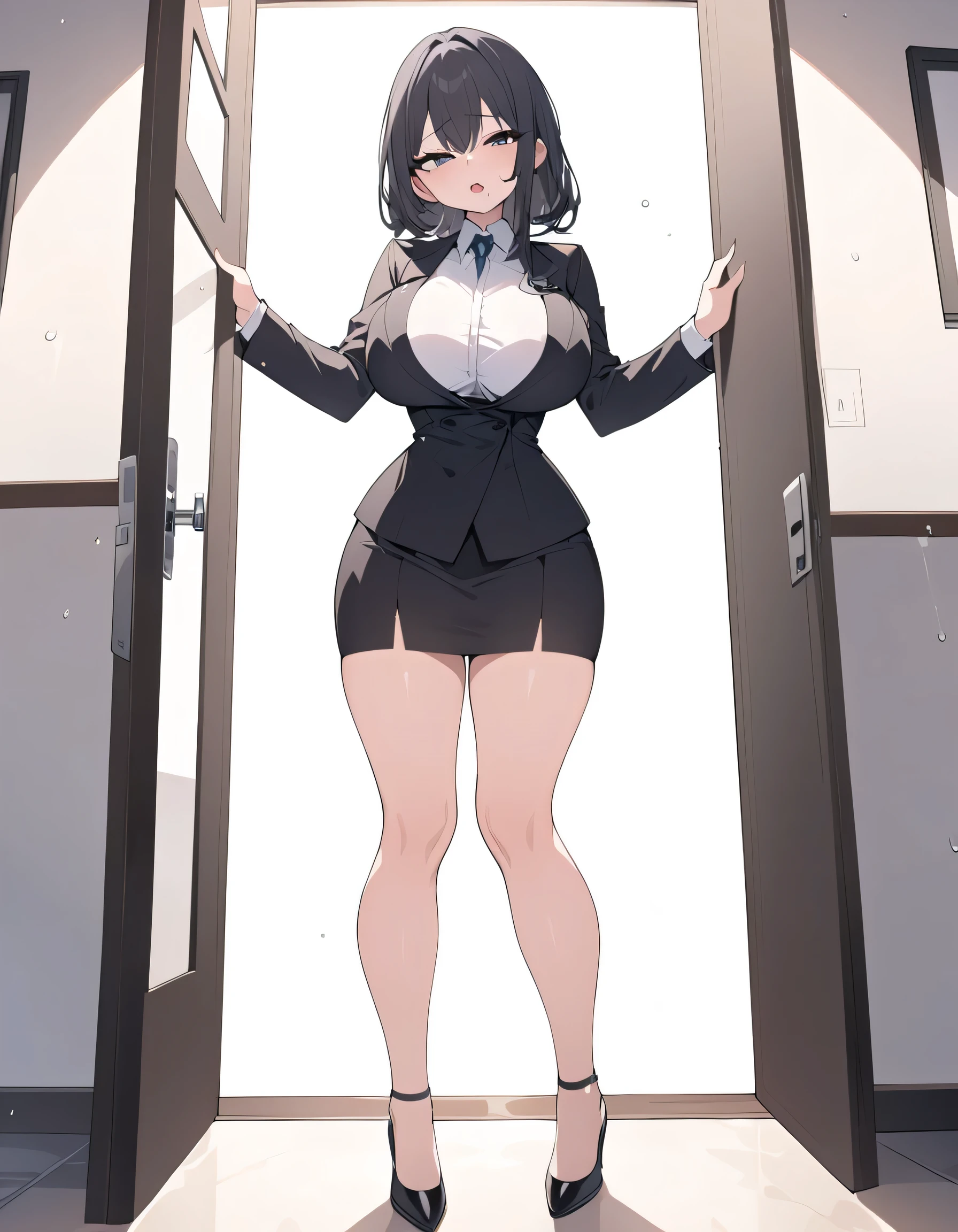 1 girl,black long hair,large breasts,red eyes,wide hips,curvy,glasses,black suit,miniskirt,black pantyhose,holding a folder with her right hand,entrance