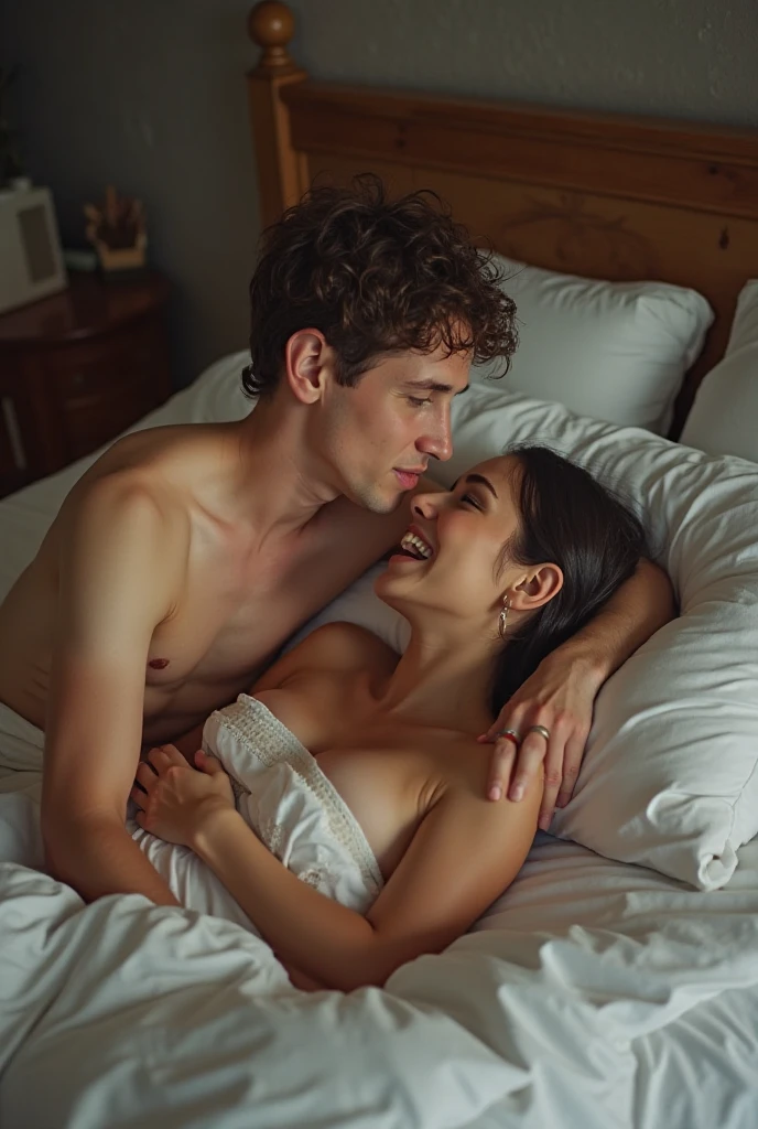 The man in his 45s with black very short hair and smooth face with moustache. The woman in her 45s with brown wavy long hair. In bed. They are naked and face to face. The woman is sitting on the man's legs with her legs spread to the sides. They are lip to lip. Night. Side view. Dim and dark environment. UHD. HDR. Cinematic.