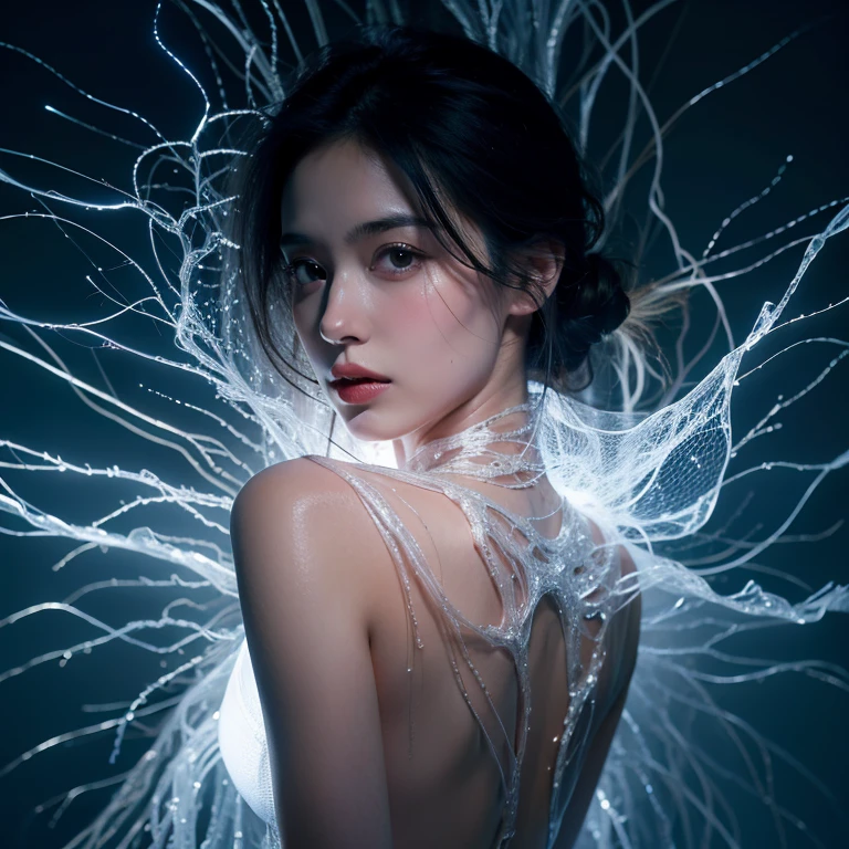 fractalized, (ambientlighting:1.2), (Volumetriclighting:1.2), (Detailed pubic hair:1.1), realistically, depth of fields,
1 girl, Ukrainian woman, Has gray eyes, medium brown wavy hair,
Focus on character, own, (Style swirl magic:0.8), own, seen from the side, Side view, half shot, Detailed faces,webbedtech theme solar magician,(glowing light eyes:1.1),(fearless courage,:1.05),perched on a ledge,mantle,Harnessing ethereal energy lines,Mind-fusion devices that enhance cognitive abilitieond violet:1.0),