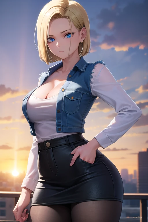 android 18, android 18, blonde hair, blue eyes, eyelash, hoop earrings, short hair, earrings, break belt, black legwear, black shirt, breast pocket, cleavage, clavicle, denim, denim skirt, high-waist skirt, jewelry, long sleeve, pocket, shirt, shirt tucked in, skirt, striped, striped sleeves, waistcoat,, break outdoors, city, null, cloud, sun, break looking at viewer, (cowboy shot:1.5), break (masterpiece:1.2), highest quality, High resolution, unity 8k wallpaper, (shape:0.8), (beautiful and detailed eyes:1.6), highly detailed face, perfect lighting, Very detailed CG, (perfect hands, perfect anatomy)