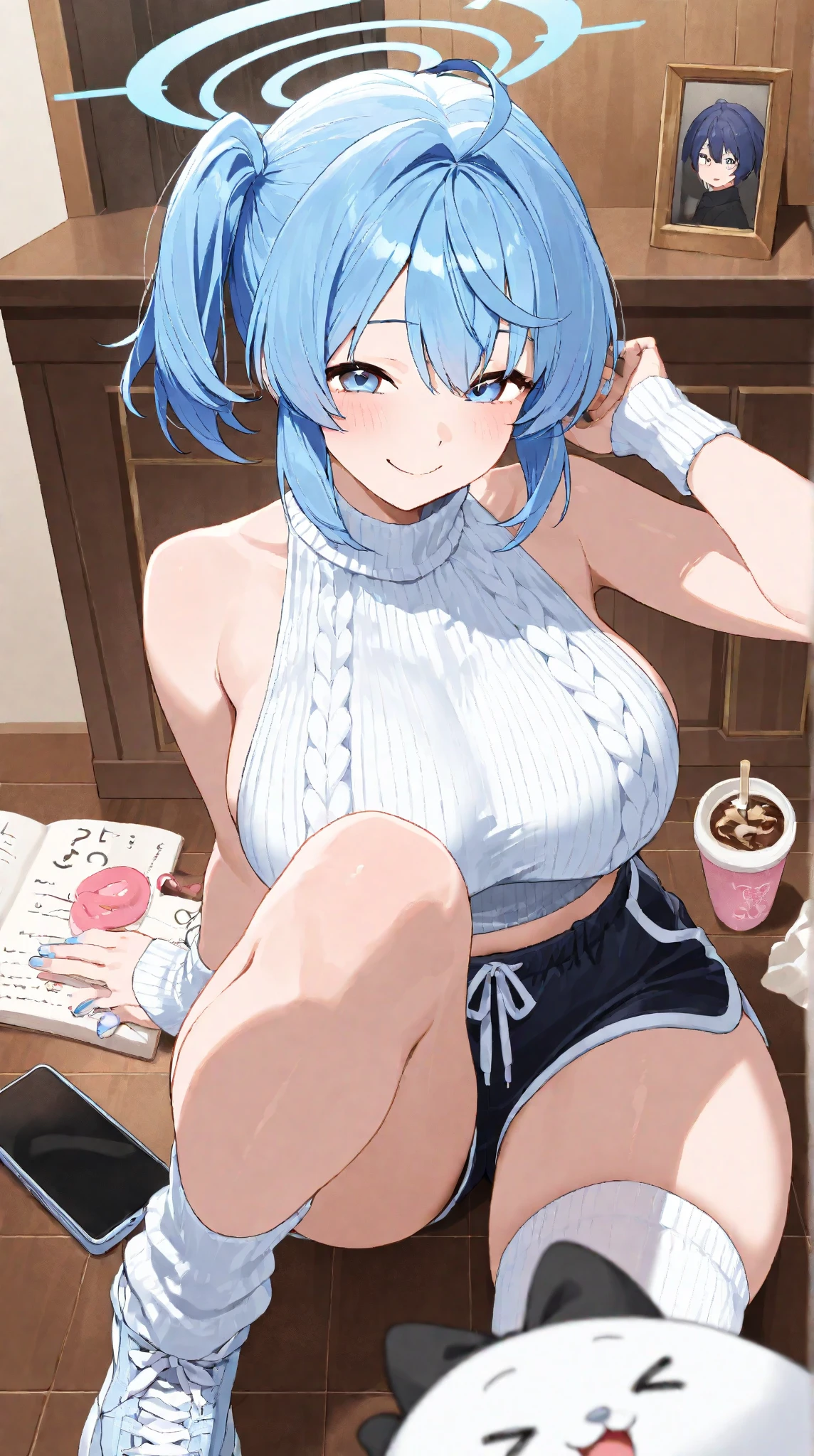Anime girl sitting on table, beautiful anime girl crouching, Biomechanical OPPAI, Sexy pudica pose gesture, seductive anime girls, with index finger, the anime girl is crouching, an oppai cyberpunk, hajime yatate, rogue anime girl ayanami rei, ryuko matoi, sexyposture, konachan,Exhale the mist,Stick out her tongue,Mermaid line,musculature,Ambiguous eyes,High-fork panties,Be red in the face,huge tit,over knee socks,open open mouth,Stick out her tongue, dropping saliva,White popsicles,Melted popsicles,Hair tied up,Long tongue,Single horsetail,The melted popsicle falls on the chest,Excitation,Place your hands on your chest,Plenty of liquid,White liquid,Floating popsicles,Suck on popsicles,looking at viewert,love heart,Throw a wink,Lick gently,Camel toes,Half-off coat,Oral sex