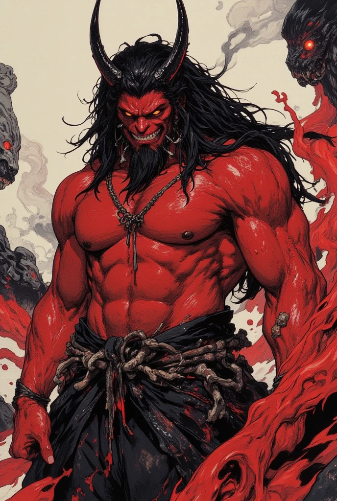 buff male red tiefling savage sitting down trying to read a childrens book, long black hair, black horns, hell background, red skin, dnd, colored, make sure all of the skin is blood red