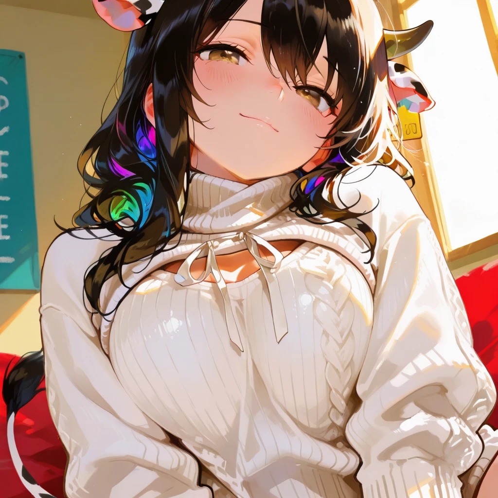 (1lady:1.5), (mad scientist), (standing, crossing her legs ), (side view), looking at a viewer, Perfect style, slender body, slim and soft, medium large breast, (super beautiful big eyes, anime style :1.5),mature, adult, milf, beautiful face, accurate, anatomically correct, highly detailed face and skin texture, detailed eyes, blue eyes, double eyelids, thin eyebrows, glitter eyeliner: 1.2, blushed cheeks, round face, glossy skin, fair skin: 1.2, (glossy lips: 1.4), (Voluptuous lips:1.3), (heart shaped pupils), full of delight, innocent and Cute girl, BREAK (wearing a white full length labo coat:1.5), (wearing brown large ribbed turtleneck knit dress, knee-length:1.4), (putting on black pantyhose:1.5) , (( beautiful extra long hair, bang , straight, messy hair:1.6)), (black hair, vivid red as innercolors, multi haircolor:1.5), (flashy skull shaped necklace:1.5), (punk style earings), (smiling full of compassion, full of love), (very cheerful expression:1.6), BREAK (focus on her lips), ((( at her laboratory, clear light : 1.6)), (very intimate relationships:1.6), top quality, (Masterpiece: 1.3), (Maximum resolution: 1.2), (Ultra HDTV: 1.2), Cinema light, Ultra HDTV, (Detailed eyes and skin), (Detailed facial features), HDR, 8k resolution, Sharp Focus: 1.2,