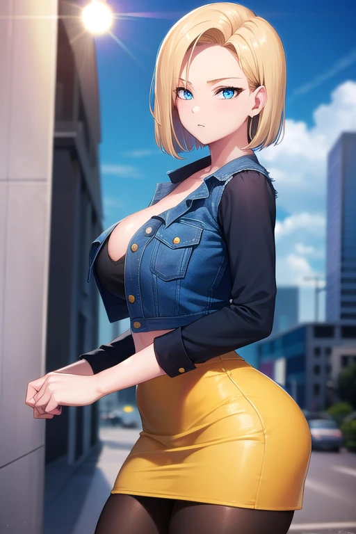 unparalleled masterpiece, ultra realistic 8k CG, perfect artwork, (1girl:1.1) , solo, ((perfect female figure)), (nsfw), looking at viewer, mature female, bimbo (android 18) standing, (teasing), best quality:1.1 , seductive posture, sexy pose, alluring, (beautiful), (curvy), (thick), blonde hair, (blue eyes:1.2), short hair, earrings, jewelry, denim vest, open vest, black pantyhose, black shirt, denim skirt, striped long sleeves, blue skirt, toned legs, fit, (abs:1.1), (big butt:1.4), peach ass, (athletic body:1.2), (large breasts:1.3, (big_breasts:1.1), wide_hips:1.5, narrow waist, small waist:1.5, slender body:1.2, thick thighs:1.3), (shiny skin:1.2), (hdr), (street:1.2), Nikon D850 film stock photograph Kodak Portra 400 camera f1.6 lens, rich colors, lifelike texture, dramatic lighting, unreal engine, trending on ArtStation, by Gerald Brom, by Frank Frazetta, by Luis Royo, by Julie Bell, by Boris Vallejo