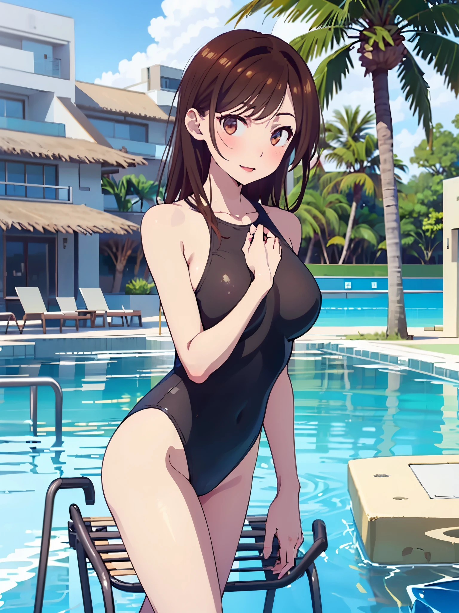 masterpiece, girl, Best Quality, CHIZURU MIZUHARA, medium brown hair , Big Breasts, Navy and White Tall Legged Swimsuit、Sensual appearance、 sexual excitement、a thin open mouth, standing、 Sexy Poses, Luxury Resort Hotel Poolside、blue sky、 beach chair、Palm Tree , brown eyes, full body
