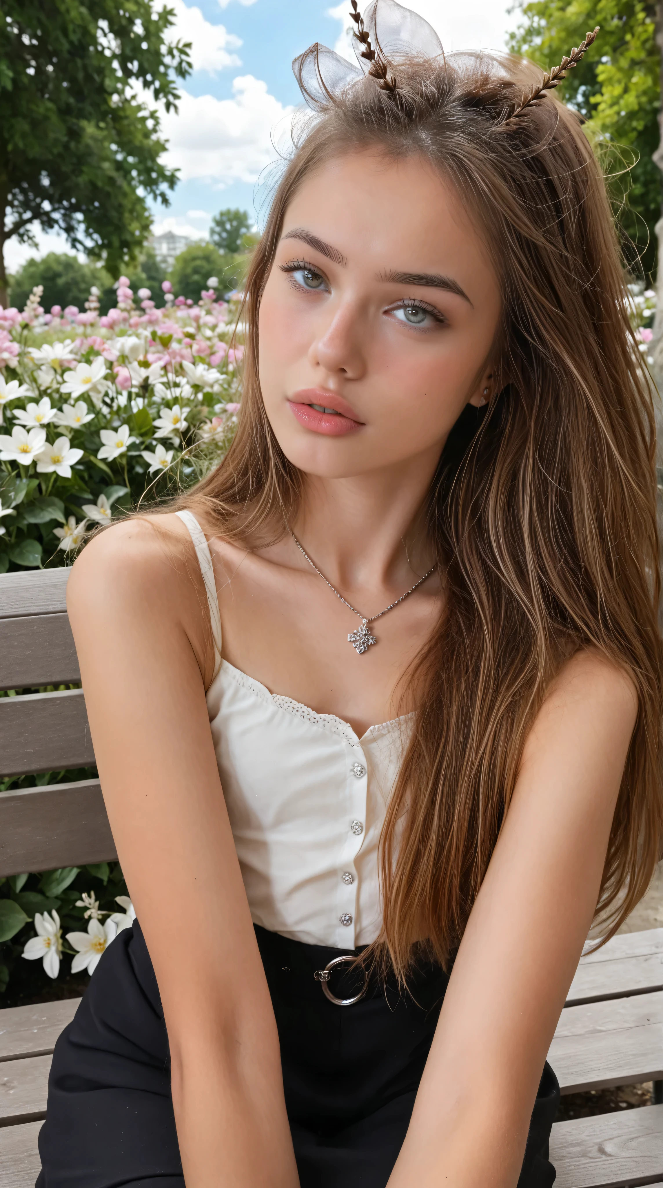 Very beautiful 18 years old petite girl with nice cute symmetrical face realistic eyes, small nose, sensitive lips, sunburned a little bit skin, very long brown haircut, posing in the park sitting on a bench with flowers in her hands, shinning hair un sun light, soft make up, dressed in a very short black dressed, in колготки в сеточку