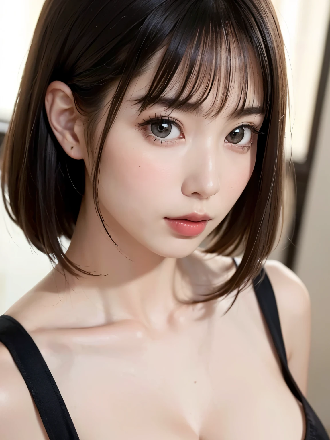 Masterpiece, highest quality, ultra high resolution, (photorealistic photo: 1.4), ((1 girl, white fair skin: 1.4, kneeling, from above, looking up at the viewer, cowboy shot, 24 years old, pretty, cute, black hair, bob_cut, short hair with bangs, big breasts)), (school uniform), (smile, happy, joyful, cheerful, close mouth), (breasts tucked between arms and breasts), high detailed eyes, (( (really snow-white background, empty background))), long neck, (((short hair with bangs)))), eyelashes, big eyes, ((very beautiful, very beautiful)), (((natural light, put out your ears, staring at the viewer, seducing the viewer, huge, highlights in the eyes))))
