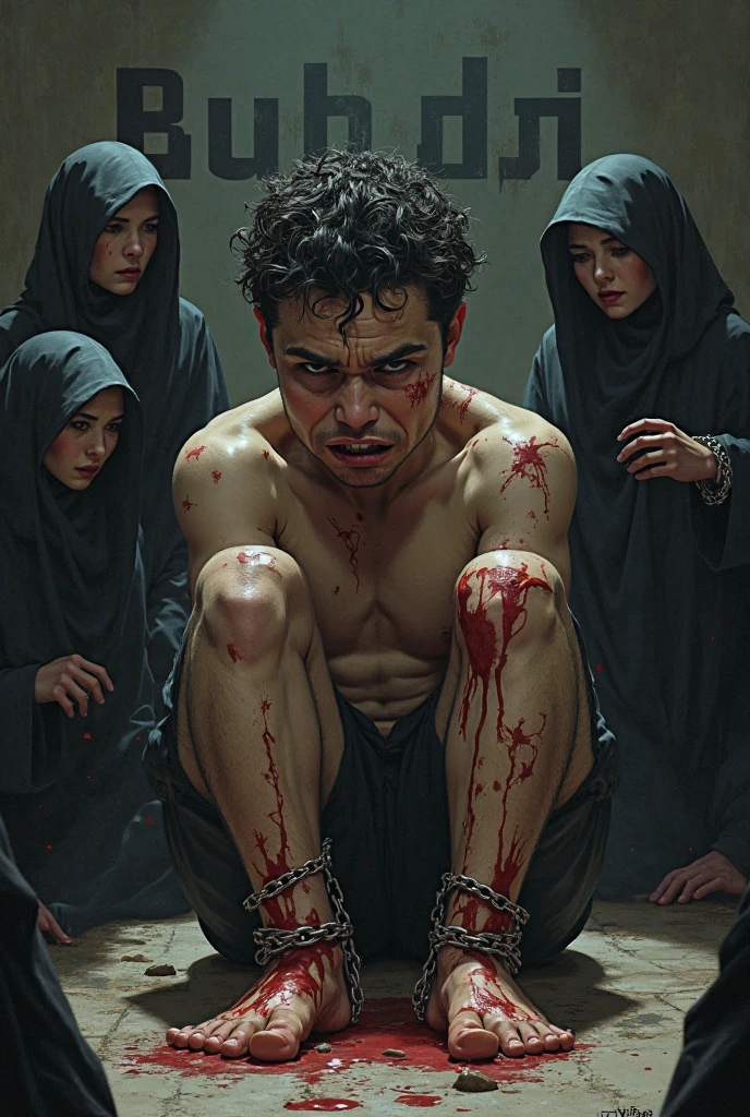 Job sitting on the floor with his body covered in wounds and scratching himself with a shard of glass, grey sky, three men standing accusing him