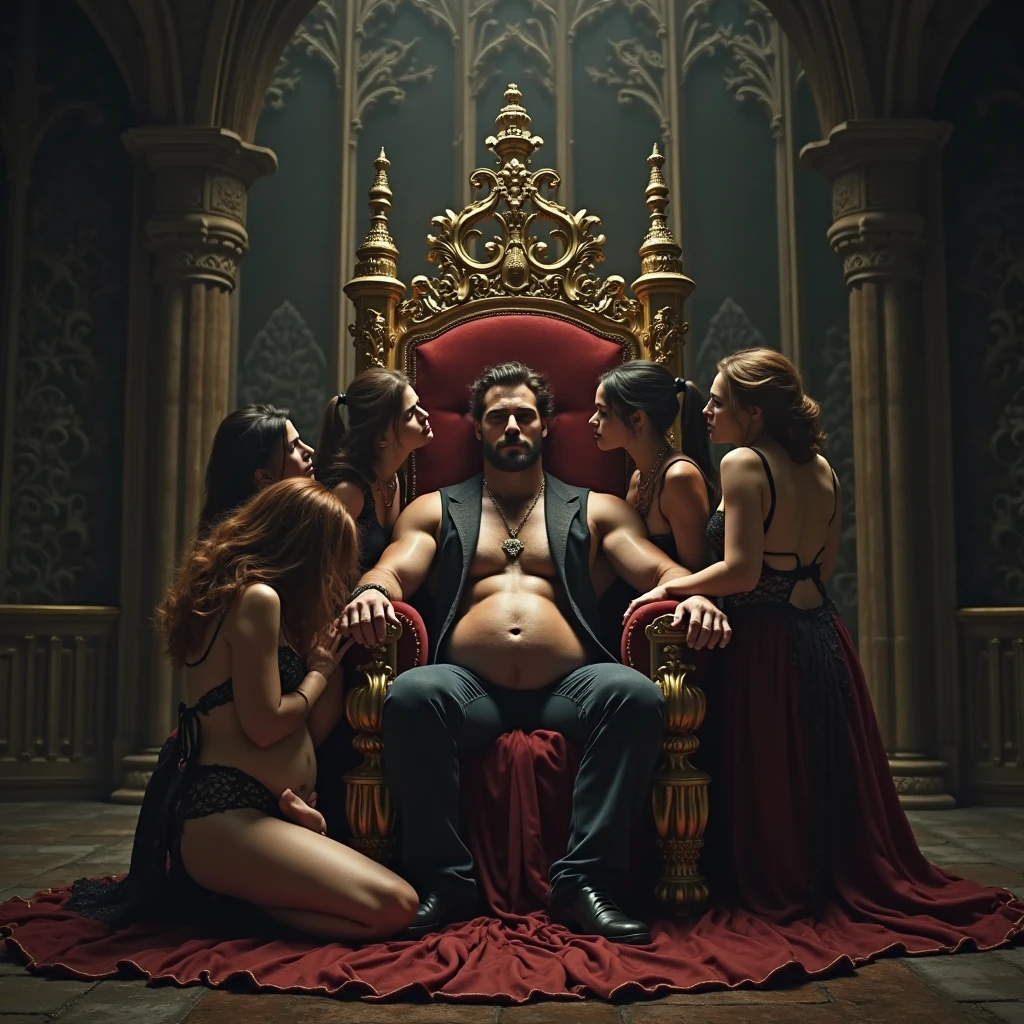 a king sits in the throne,naked girls with big boobs sits on both sides , naked girls in front of him holding different foods in plates kneeling,wide angle shot, in the floor mat it has words "noTheKing", so many naked and half naked girls in surrounding