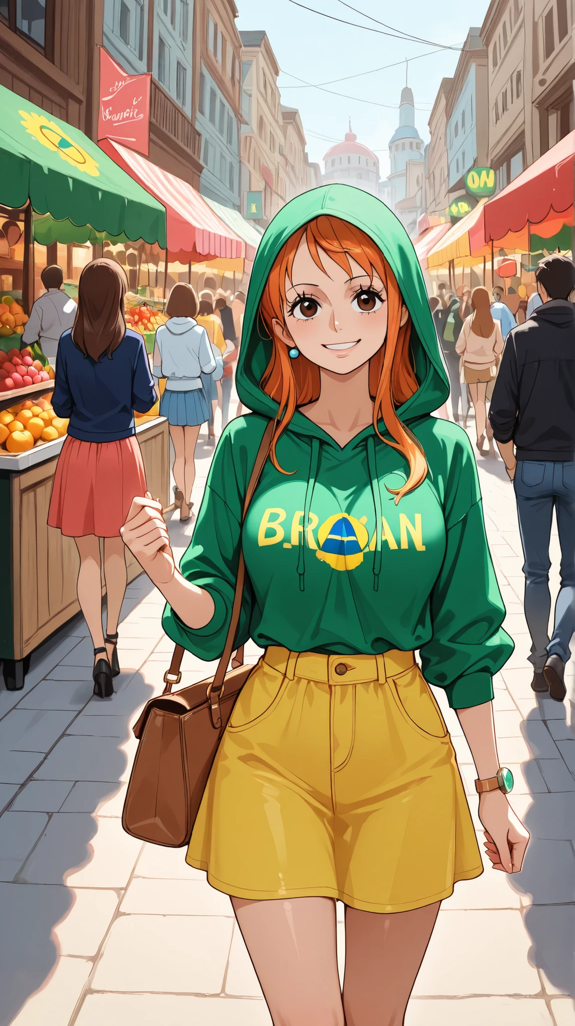 Image of Nami from One Piece with a malicious expression, wearing casual clothing and a hood, with a bag full of stolen items. she's on a busy street , surrounded by a Brazilian market, with fruits and other typical objects. Ao fundo, you can see a very colorful and bustling street, with a sense of stealth. She's looking around , with a mischievous smile , as if she were planning her next robbery.