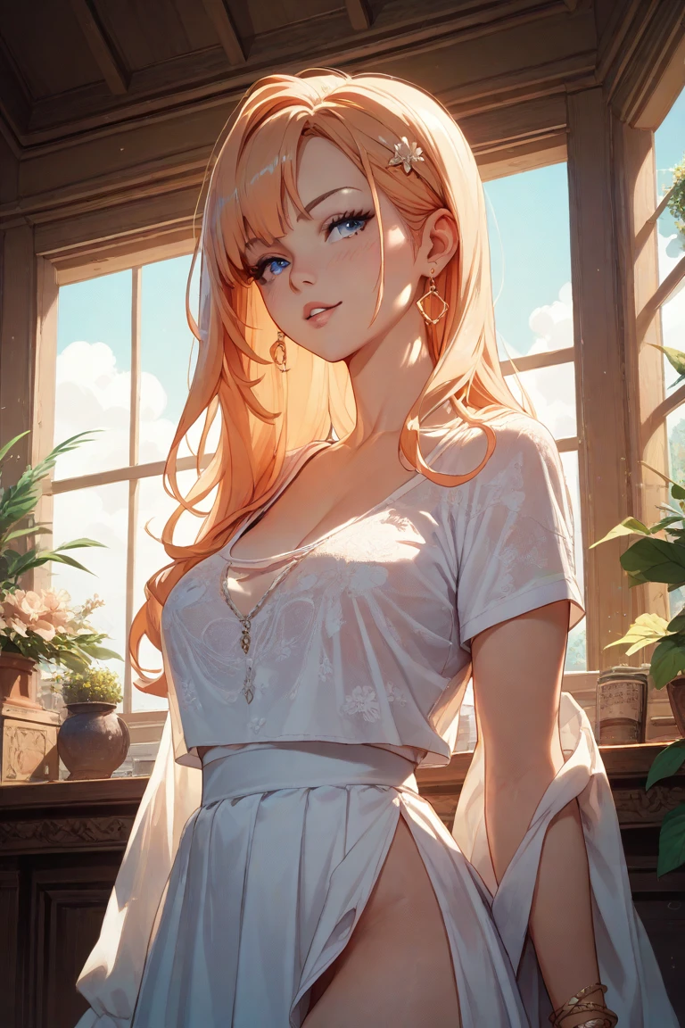 (best quality), (masterpiece), (1girl), solo, beautiful girl, perfect face, perfect body, big breast, sexy dress, indoor, sitting on the chair, watercolor, posing like model, unfinish, simple background, full body portrait, sunny window, pastel color, Monet style color