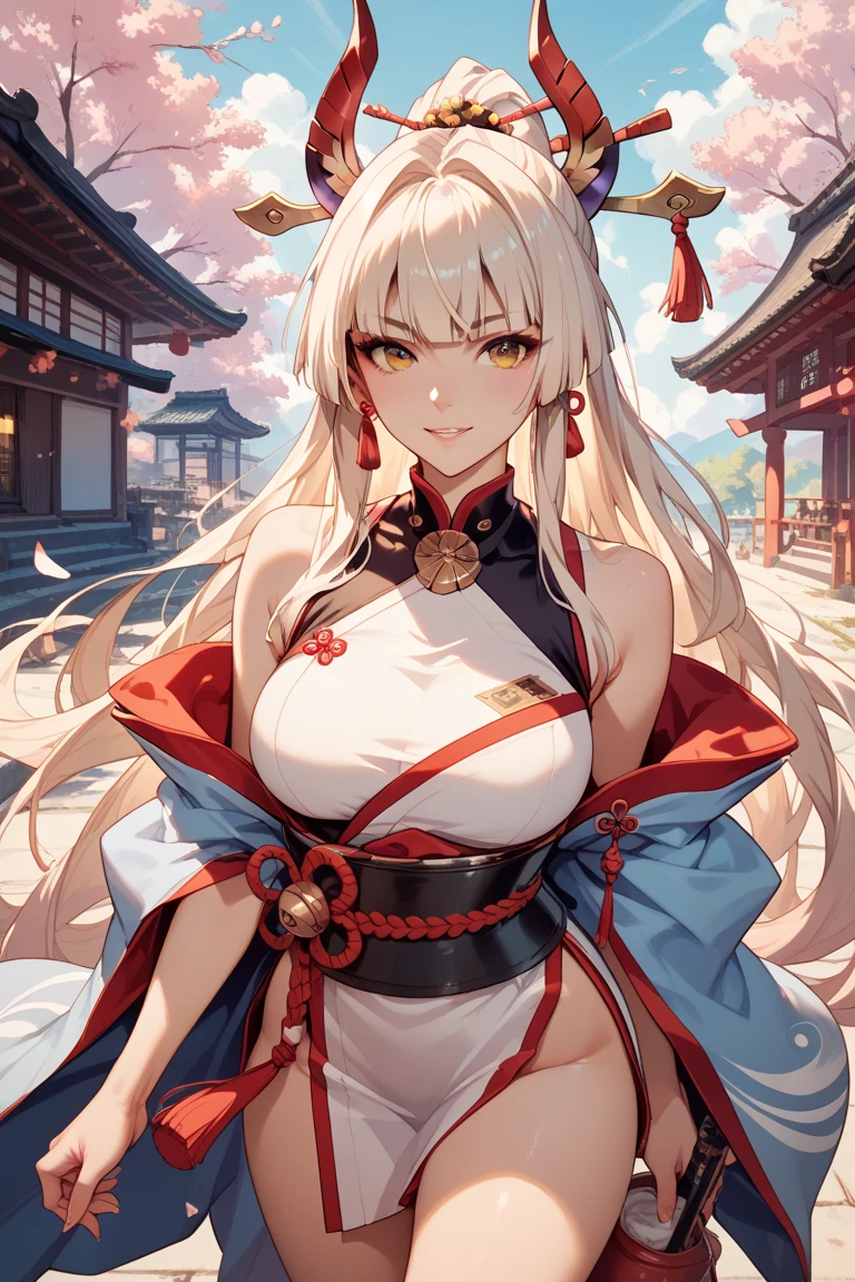 Anime [Strong and determined anime character, Holds a sword, Dons a flowing kimono, Wears a Samurai helmet, In a serene Japanese garden, The sun sets behind, Delicate cherry blossoms scatter, Vibrant colors, Realistic shading, Smooth lines, Expressive eyes, Radiant skin, Artistic brushstrokes, Dramatic pose, Beautiful anime aesthetics, Unforgettable charm, Expansive background, Whispers of tradition,izanami, Amaterasu, Susanoo, In the heart of ancient legend]