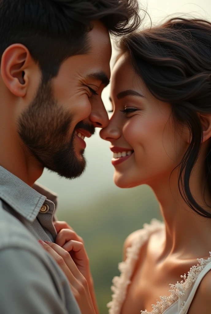 Beautiful woman hugging a handsome man. The man is looking at the girl, The woman is looking to the other side, happy, bright, real skin texture,