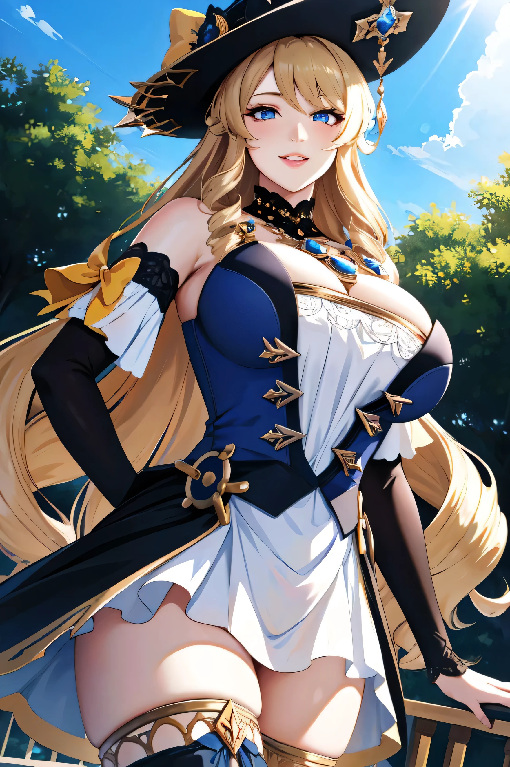 ((Best quality)), ((Masterpiece)), (detailed), perfect face perfect figure, Middle Ages, forest background, 26 year old, Scandinavian woman, Princess, Golden hair, bun-like hairstyle, bright blue eyes, pale skin, large breasts, tight blue dress, corset, cleavage, diamond tiara,