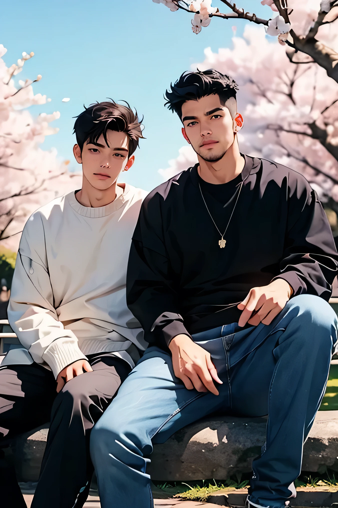 blue sky Cherry blossom trees in the background cherry blossoms in full bloom two men Two handsome guys very short black hair long sleeve casual clothes Mega Bulge opening sit with legs open