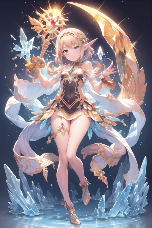 Highres witch, masterpiece, large thighs with sparkling and vibrant high quality cyan eyes, along with long gold blond hair. She wears ice spark earrings, along with a white stereotypical witch hat with a pointy end, no hat belt, two snowflake flying around. fully naked, completely naked, casting a ice spark, ((High Detailed background: Frost Castle)), Close-up image. nsfw,