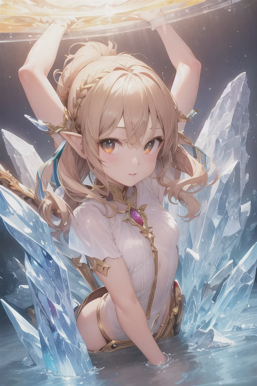 (masterpiece:1.2), (highest quality:1.2), perfect eyes, perfect face, perfect lighting, middle ages, room, 1 boy,blonde aqua eye, ((((((hair over one eye,)))))), Braidスタイル, spike hair, dull bangs, bob hair, Braid, Ahoge, robe ((((White bikini armor with transparent nipples)))), Thighhighs, skirt, cute eyes, Medium chest, bright, ((From above)), open your mouth, vivid description,??????, I was scared, abs ahegao, smile+Happy, tooth, anger, sitting,From the side